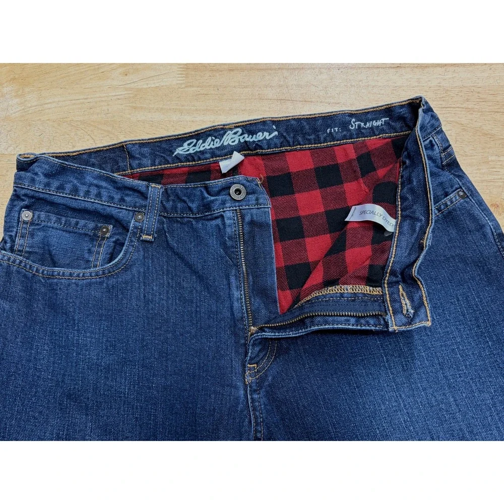 Mens Eddie Bauer Flannel Lined Jeans Size 35x32 Straight Blue Winter Warm Cotton